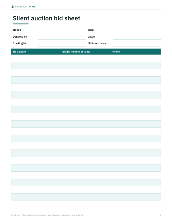 Preview of Printable Silent Auction Bid Sheet