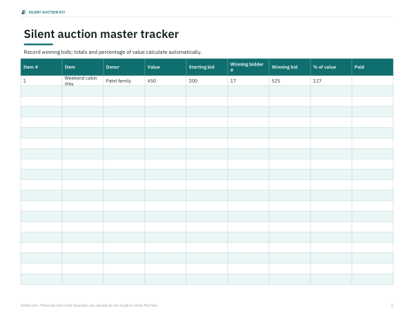 Preview of Silent Auction Master Tracker